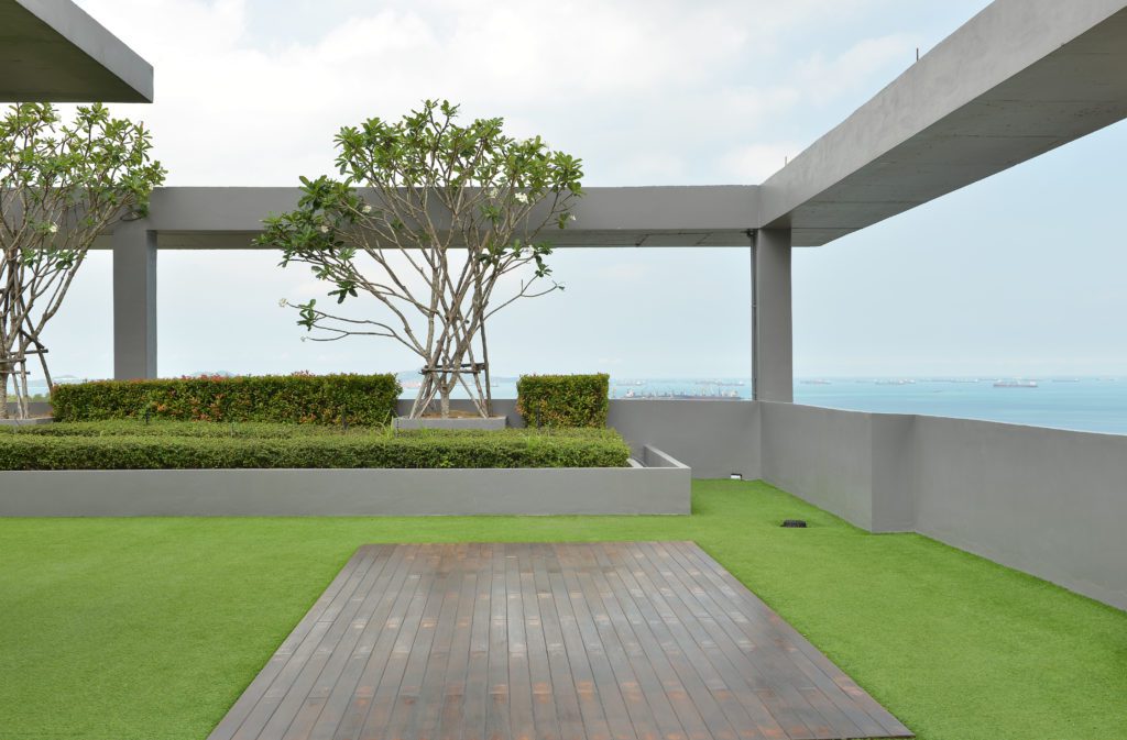 sky garden on rooftop of condominium with blue sky